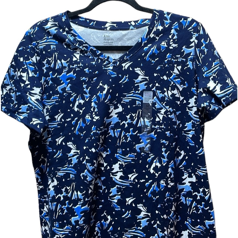 NWT Kim Rogers Perfectly Soft 100% Cotton Floral Navy Short Sleeves Top Size M